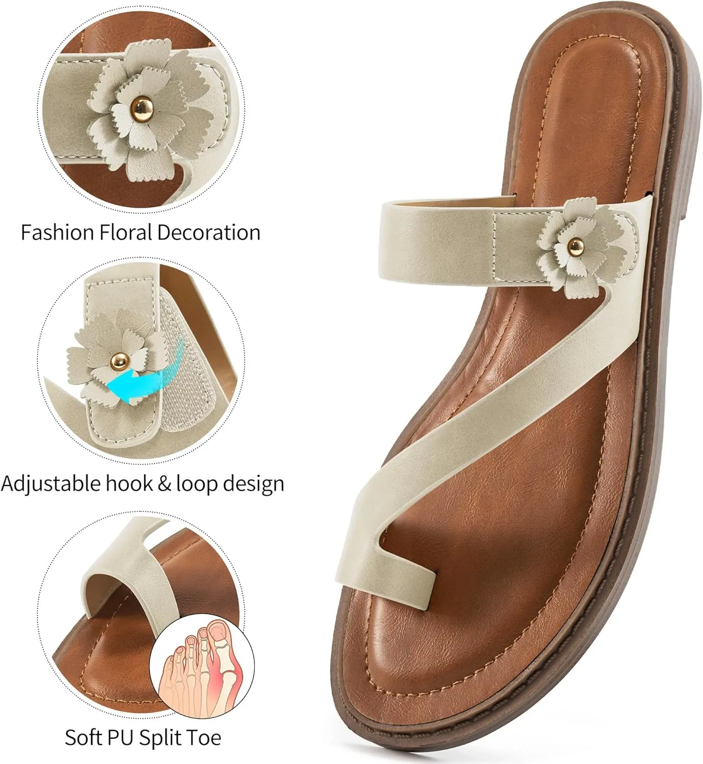 Flat Sandals for Women Dressy: Comfortable Summer Beach Sandal Adjustable Hook loop Slip on Toe Ring Walking Shoes for Travel Office