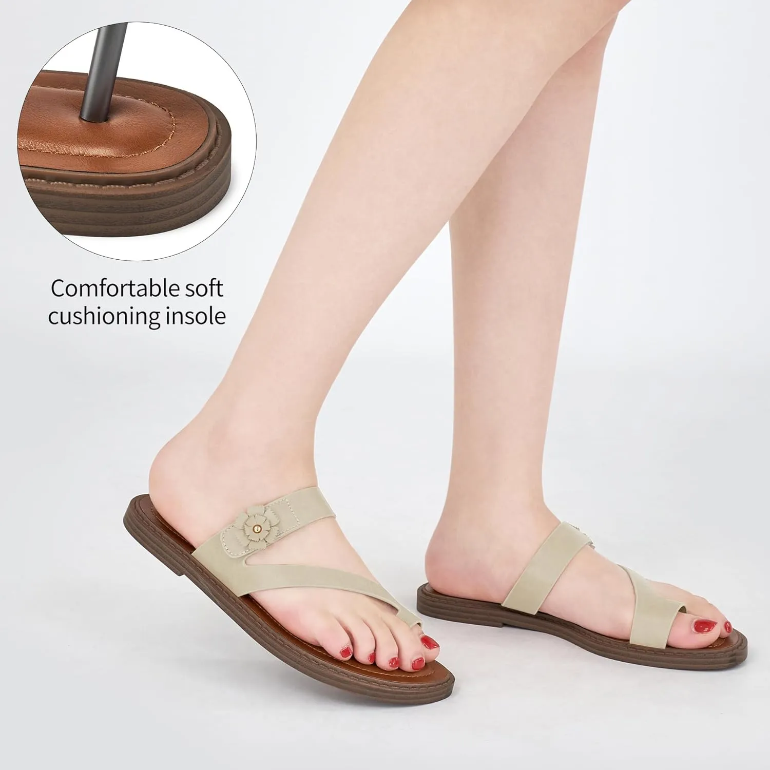Flat Sandals for Women Dressy: Comfortable Summer Beach Sandal Adjustable Hook loop Slip on Toe Ring Walking Shoes for Travel Office