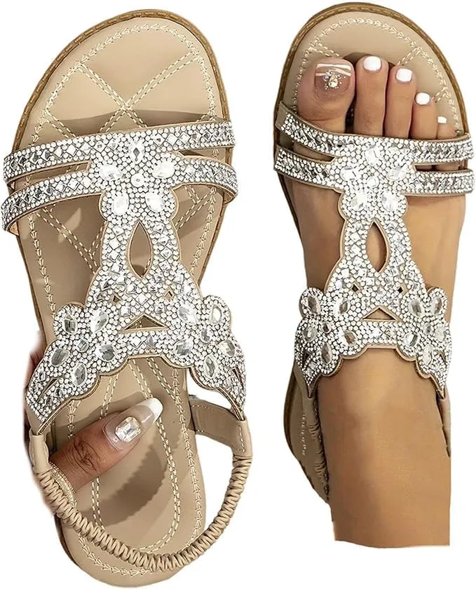 Flat Sandals With Rhinestones for Women, Women's Wide Width Sandals Comfort Walking with Non Slip on Casual Summer Beach Shoes Dress Ankle Elastic Strap Sparkling Jeweled Bohemian Flats