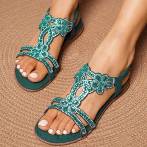 Flat Sandals With Rhinestones for Women, Women's Wide Width Sandals Comfort Walking with Non Slip on Casual Summer Beach Shoes Dress Ankle Elastic Strap Sparkling Jeweled Bohemian Flats