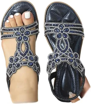 Flat Sandals With Rhinestones for Women, Women's Wide Width Sandals Comfort Walking with Non Slip on Casual Summer Beach Shoes Dress Ankle Elastic Strap Sparkling Jeweled Bohemian Flats