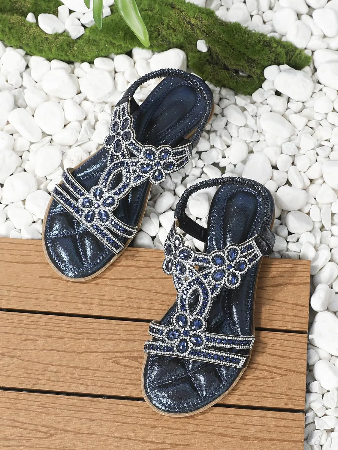Flat Sandals With Rhinestones for Women, Women's Wide Width Sandals Comfort Walking with Non Slip on Casual Summer Beach Shoes Dress Ankle Elastic Strap Sparkling Jeweled Bohemian Flats