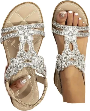 Flat Sandals With Rhinestones for Women, Women's Wide Width Sandals Comfort Walking with Non Slip on Casual Summer Beach Shoes Dress Ankle Elastic Strap Sparkling Jeweled Bohemian Flats