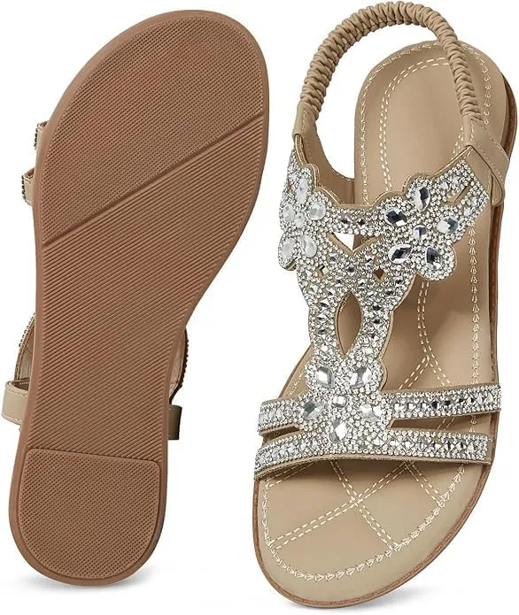 Flat Sandals With Rhinestones for Women, Women's Wide Width Sandals Comfort Walking with Non Slip on Casual Summer Beach Shoes Dress Ankle Elastic Strap Sparkling Jeweled Bohemian Flats