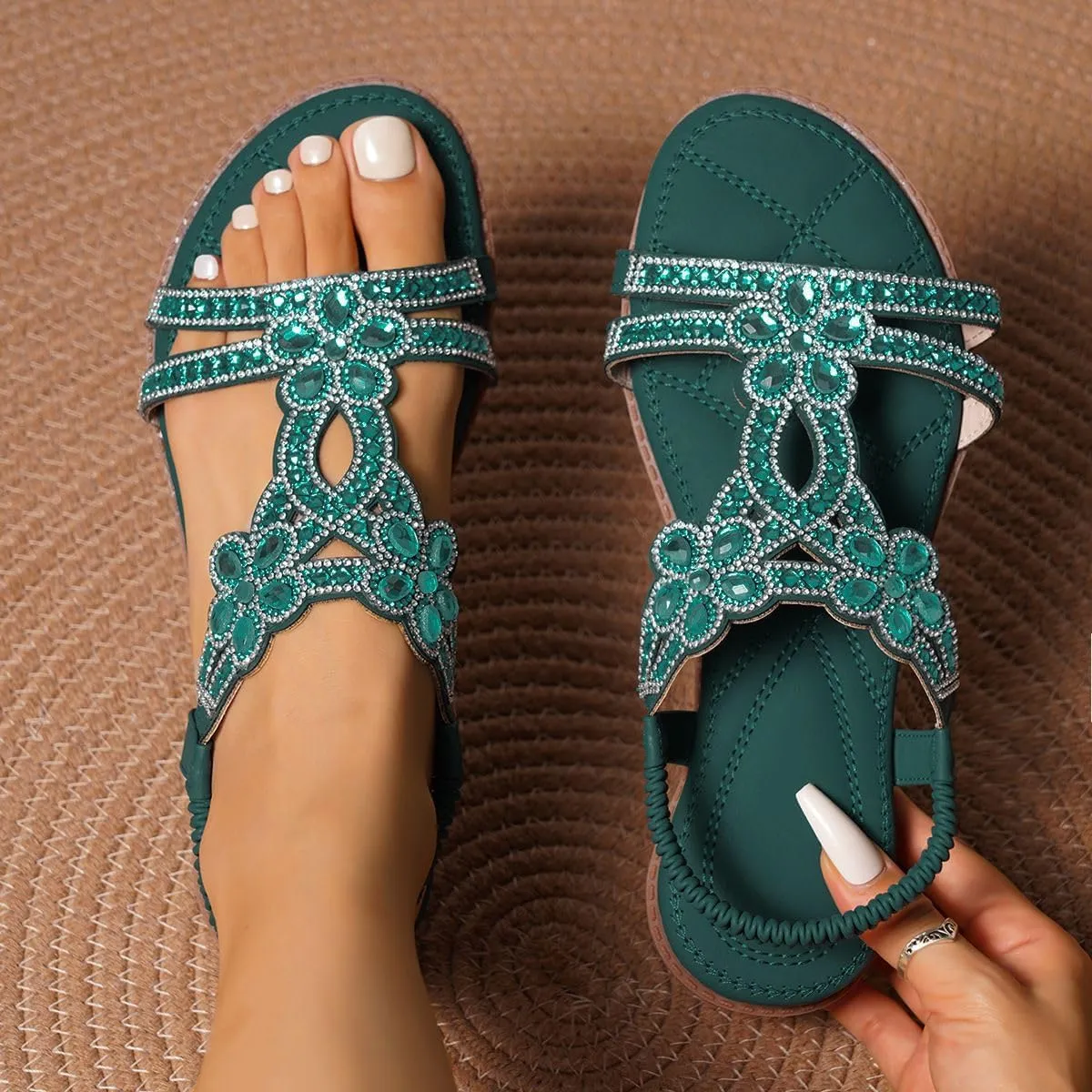 Flat Sandals With Rhinestones for Women, Women's Wide Width Sandals Comfort Walking with Non Slip on Casual Summer Beach Shoes Dress Ankle Elastic Strap Sparkling Jeweled Bohemian Flats