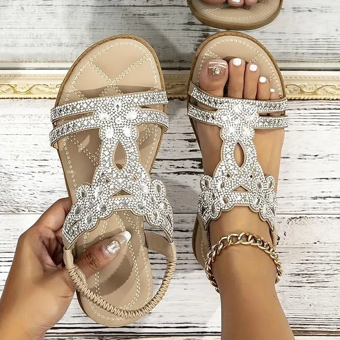 Flat Sandals With Rhinestones for Women, Women's Wide Width Sandals Comfort Walking with Non Slip on Casual Summer Beach Shoes Dress Ankle Elastic Strap Sparkling Jeweled Bohemian Flats