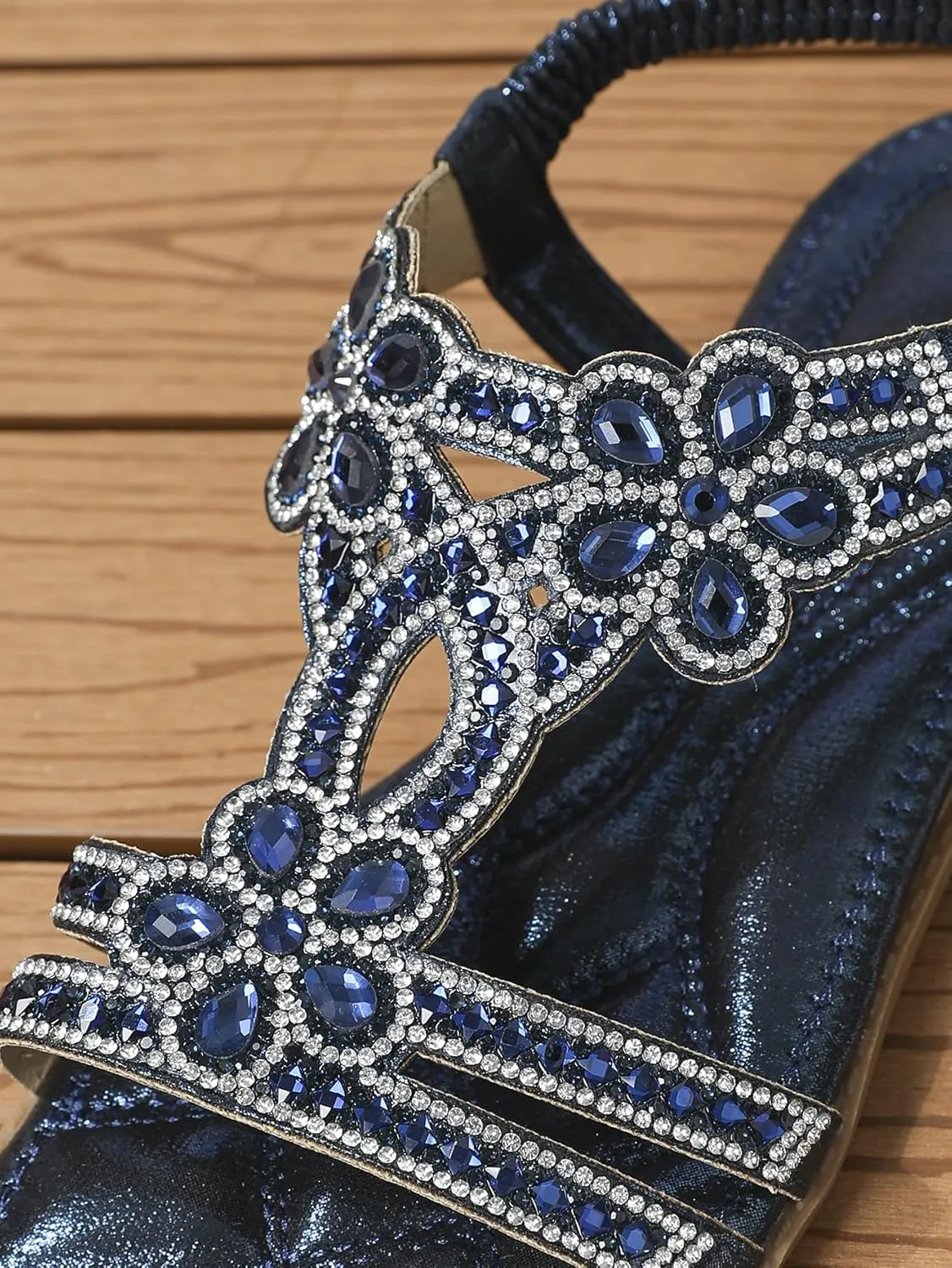 Flat Sandals With Rhinestones for Women, Women's Wide Width Sandals Comfort Walking with Non Slip on Casual Summer Beach Shoes Dress Ankle Elastic Strap Sparkling Jeweled Bohemian Flats