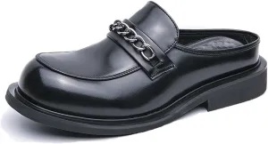 FOTN Mens Round Toe Leather Slip-On Dress Mule Sandals Classic Summer Backless Slippers Retro Formal Business Party Half Loafers (Black,6.5)
