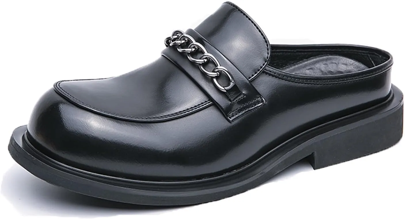 FOTN Mens Round Toe Leather Slip-On Dress Mule Sandals Classic Summer Backless Slippers Retro Formal Business Party Half Loafers (Black,6.5)