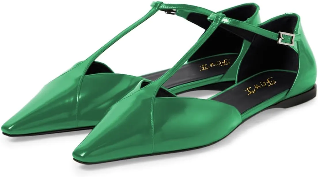 FOWT Women Stylish T-Strap Pointed Toe Ballet Flats Adjustable Ankle Buckle Casual Comfy Daily Flat Sandals Size 4-16 US