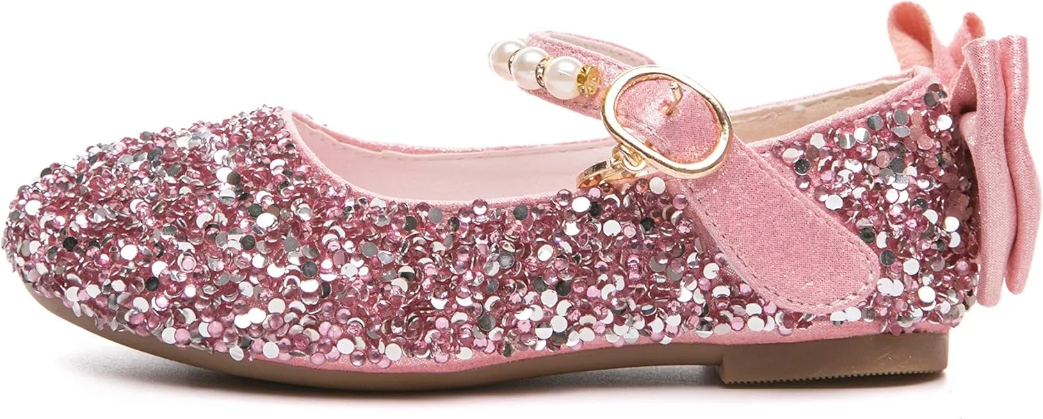 Girl's Adorables Mary Jane Flats Ankle Strap Glitter Ballerina Princess Shoes (Toddler/Little Girls)