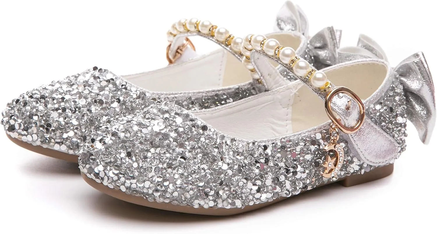 Girl's Adorables Mary Jane Flats Ankle Strap Glitter Ballerina Princess Shoes (Toddler/Little Girls)