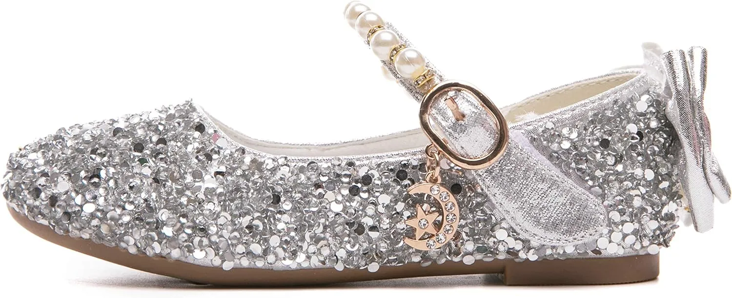 Girl's Adorables Mary Jane Flats Ankle Strap Glitter Ballerina Princess Shoes (Toddler/Little Girls)