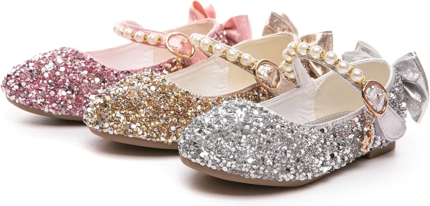 Girl's Adorables Mary Jane Flats Ankle Strap Glitter Ballerina Princess Shoes (Toddler/Little Girls)