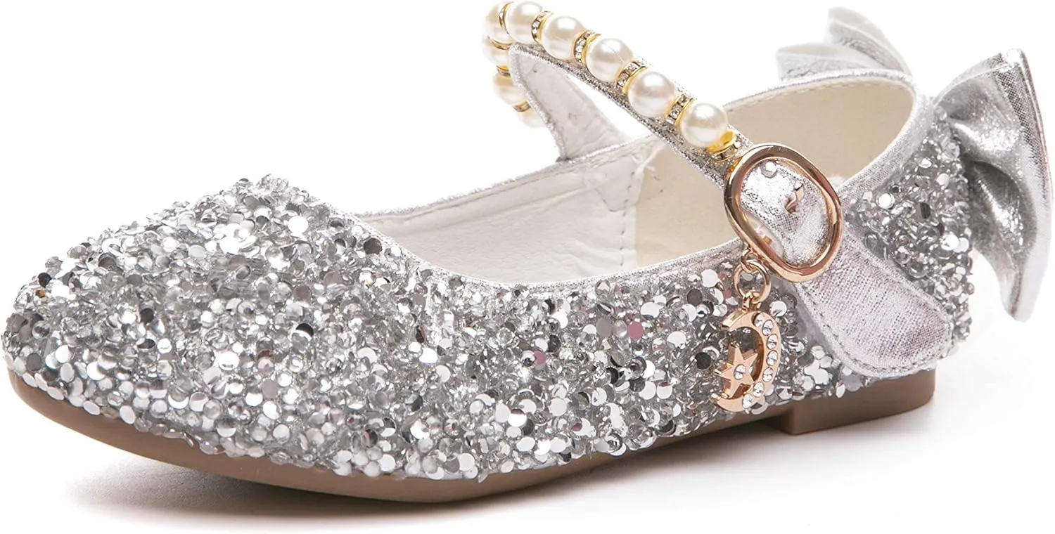 Girl's Adorables Mary Jane Flats Ankle Strap Glitter Ballerina Princess Shoes (Toddler/Little Girls)