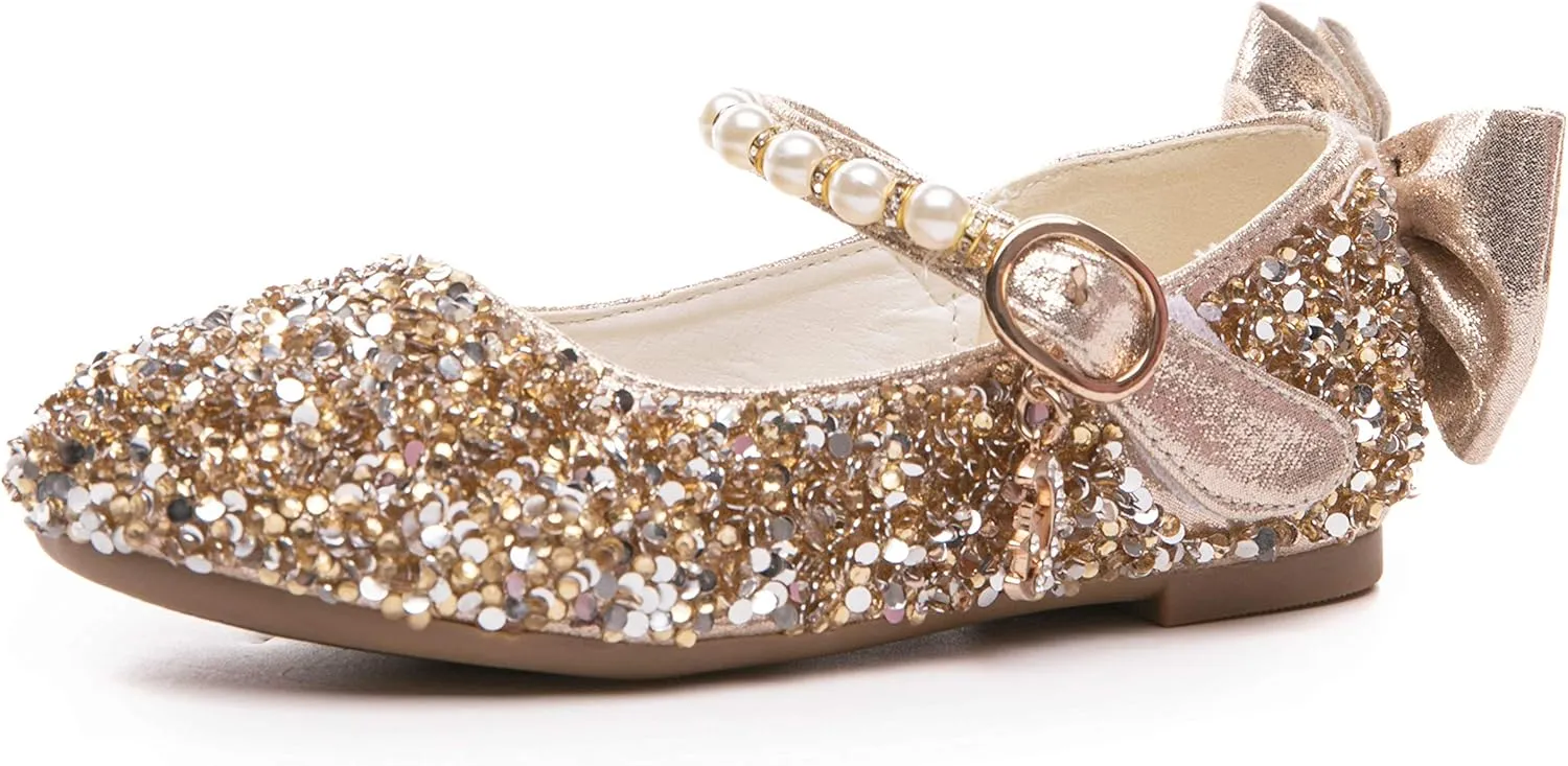 Girl's Adorables Mary Jane Flats Ankle Strap Glitter Ballerina Princess Shoes (Toddler/Little Girls)