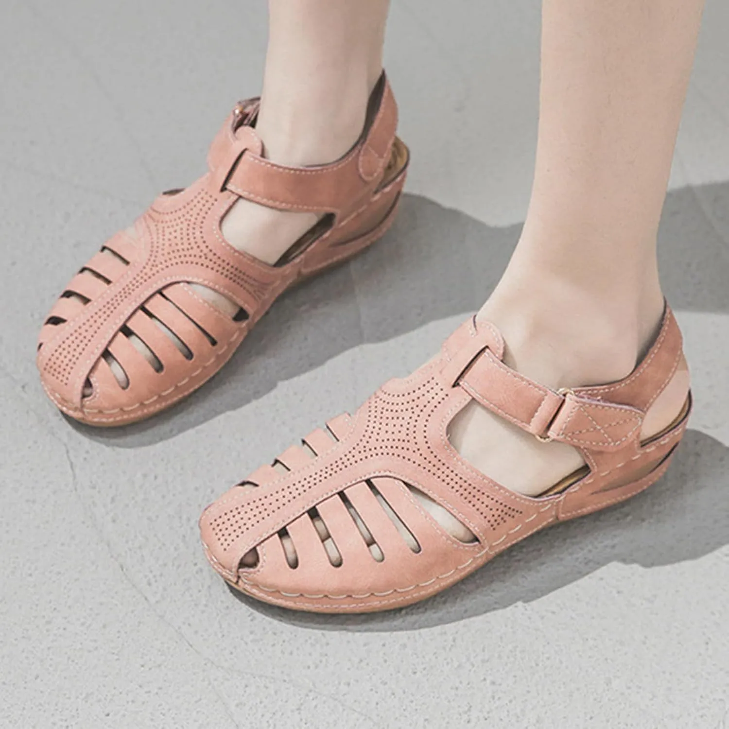Gladiator Sandals for Women Orthopedic Closed Toe Non Slip Wedge Sandals Breathable Hollow Out Hook and Loop Fastener Slides Sandal Soft Cushion Wedge Walking Shoes