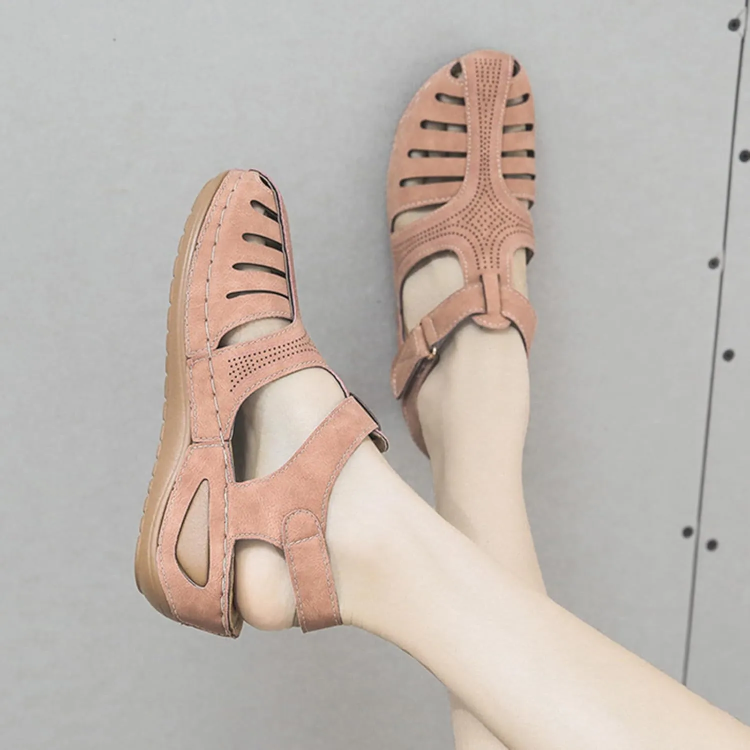 Gladiator Sandals for Women Orthopedic Closed Toe Non Slip Wedge Sandals Breathable Hollow Out Hook and Loop Fastener Slides Sandal Soft Cushion Wedge Walking Shoes