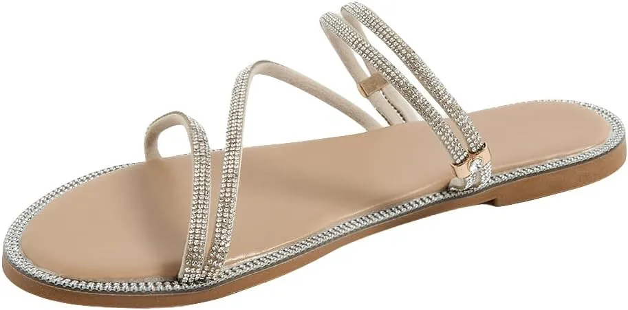 GORGLITTER Glitter Sandals Sparkly Flat Sandals Rhinestone Open Toe Slide Dressy Shoes