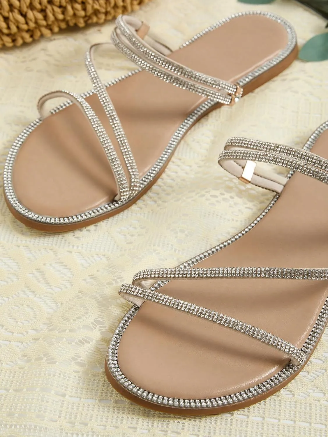 GORGLITTER Glitter Sandals Sparkly Flat Sandals Rhinestone Open Toe Slide Dressy Shoes