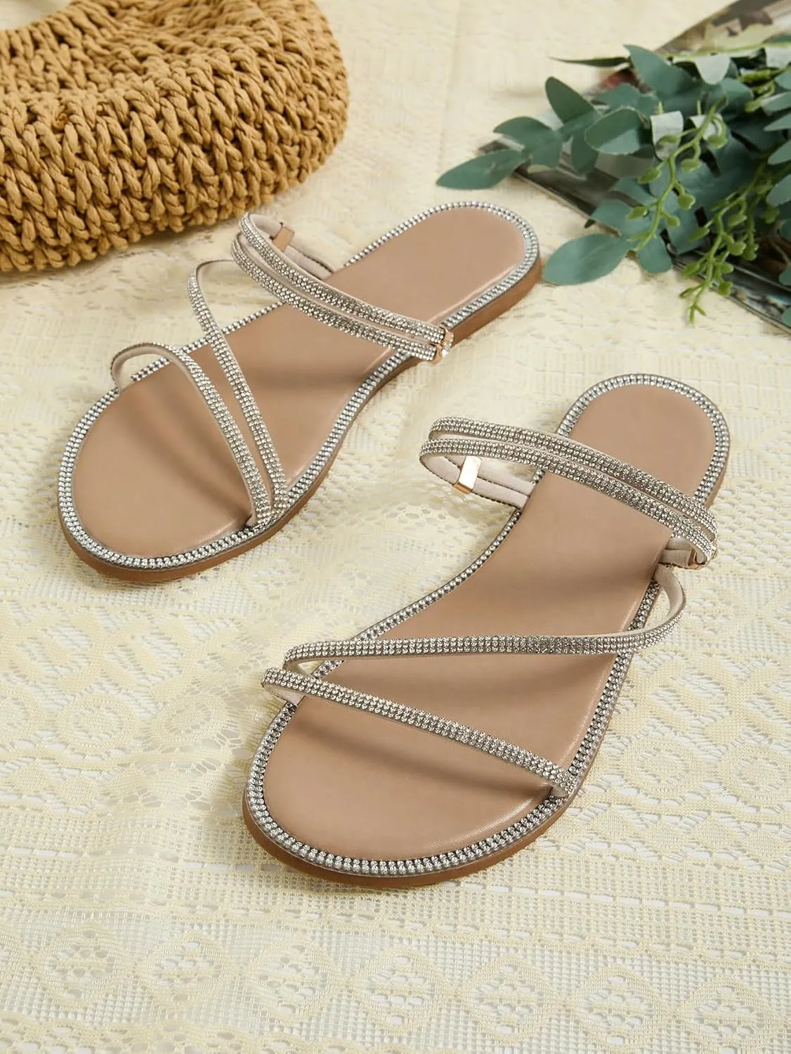 GORGLITTER Glitter Sandals Sparkly Flat Sandals Rhinestone Open Toe Slide Dressy Shoes