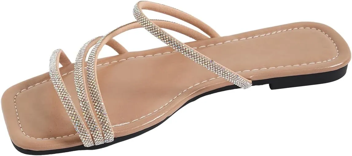 GORGLITTER Glitter Sandals Sparkly Flat Sandals Rhinestone Open Toe Slide Dressy Shoes