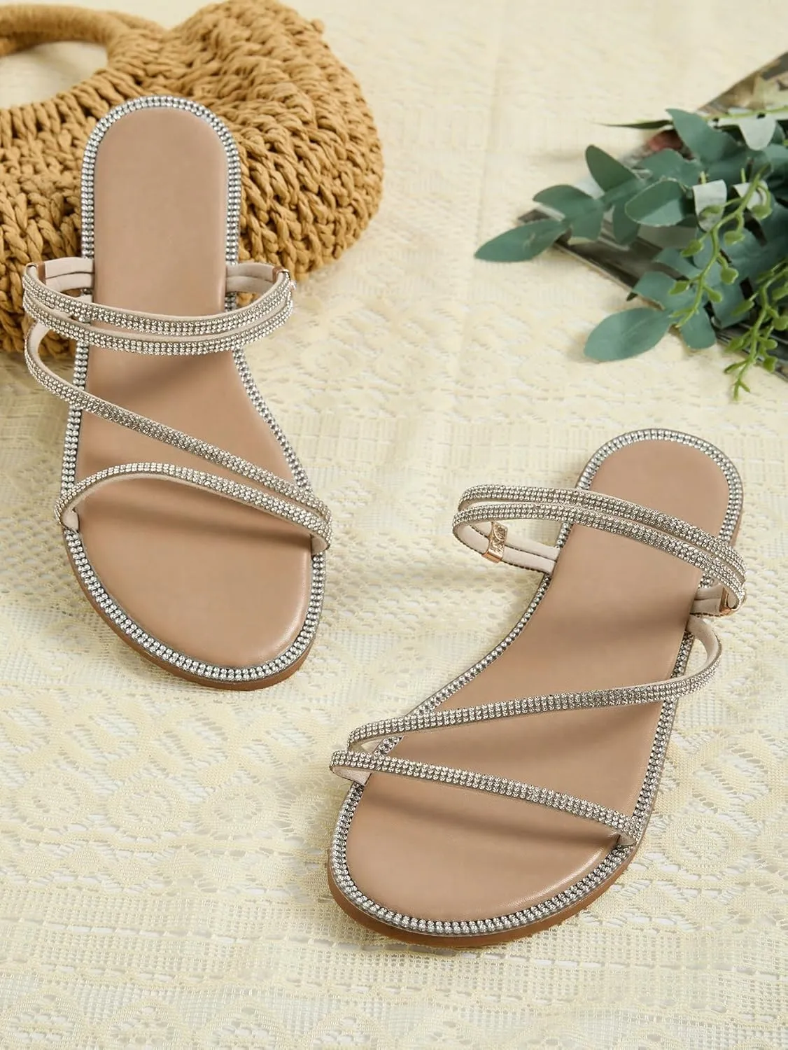 GORGLITTER Glitter Sandals Sparkly Flat Sandals Rhinestone Open Toe Slide Dressy Shoes