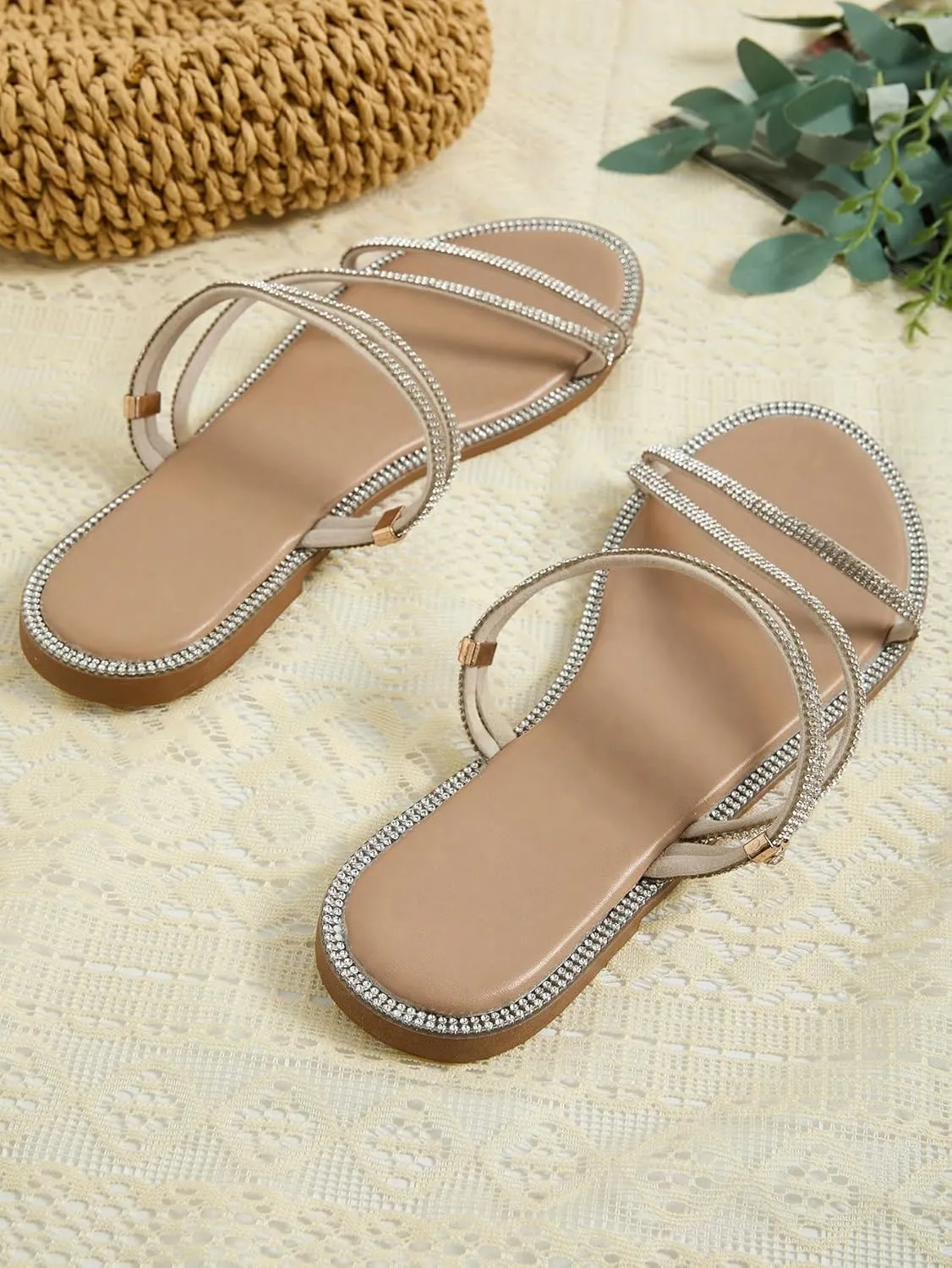 GORGLITTER Glitter Sandals Sparkly Flat Sandals Rhinestone Open Toe Slide Dressy Shoes