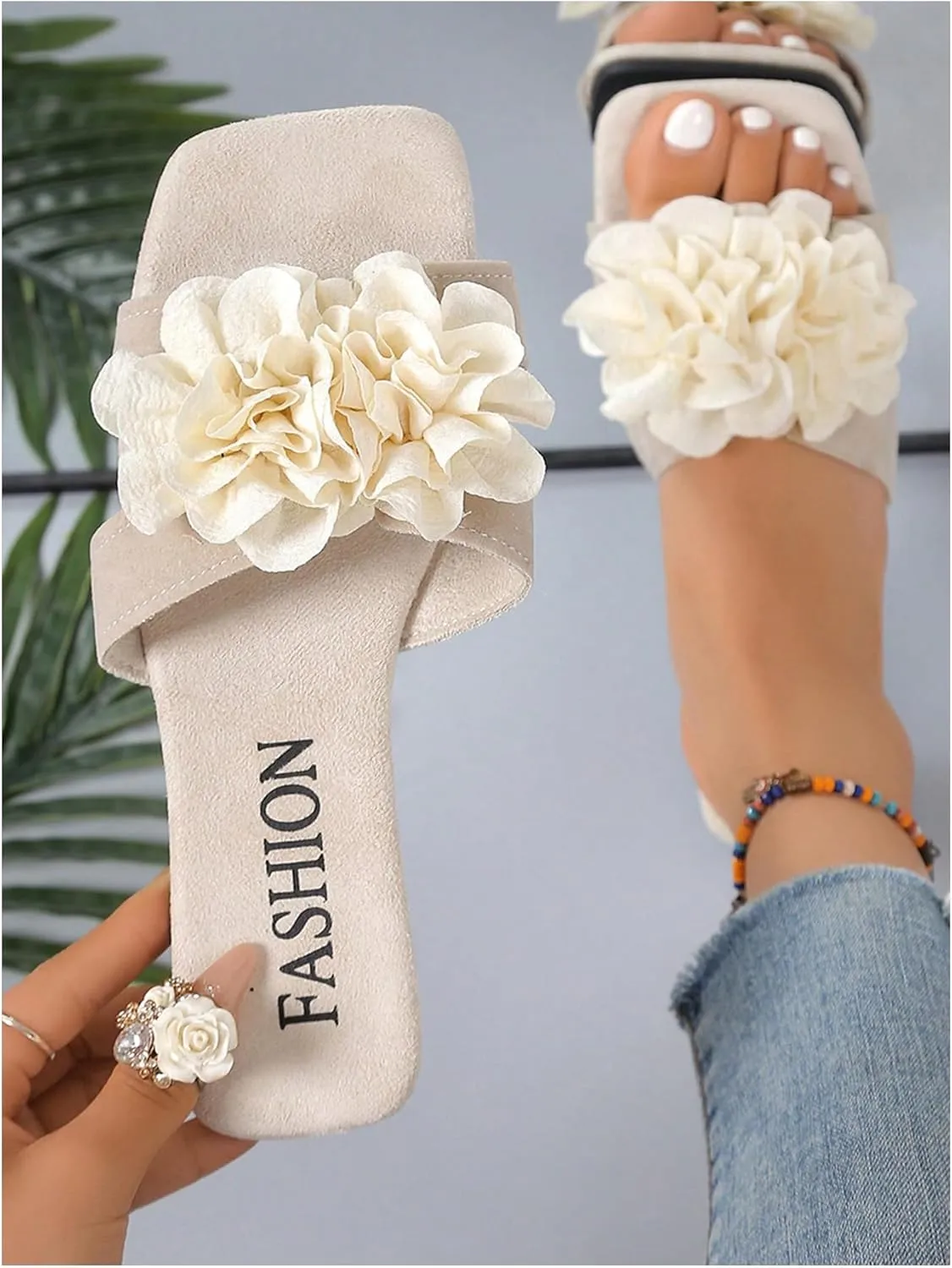 GORGLITTER Women's Flower Sandals Flat H Slides Dress Applique Slip on Vacation Sandal