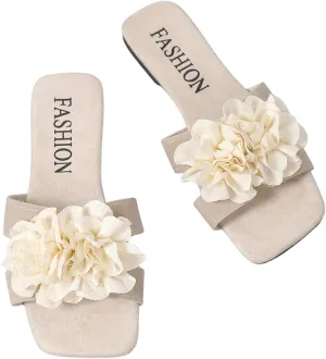 GORGLITTER Women's Flower Sandals Flat H Slides Dress Applique Slip on Vacation Sandal