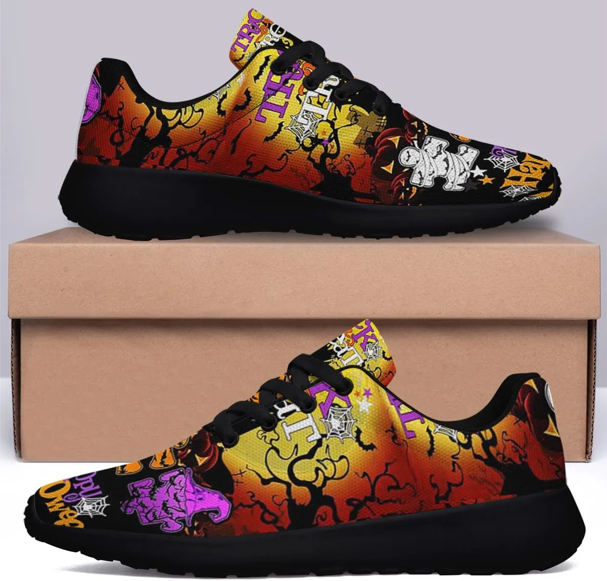 Halloween Shoes for Women Men, Pumpkin Print Lace Up Walking Sneakers, Running Shoes Gym Sports Athletic Trail Sneakers