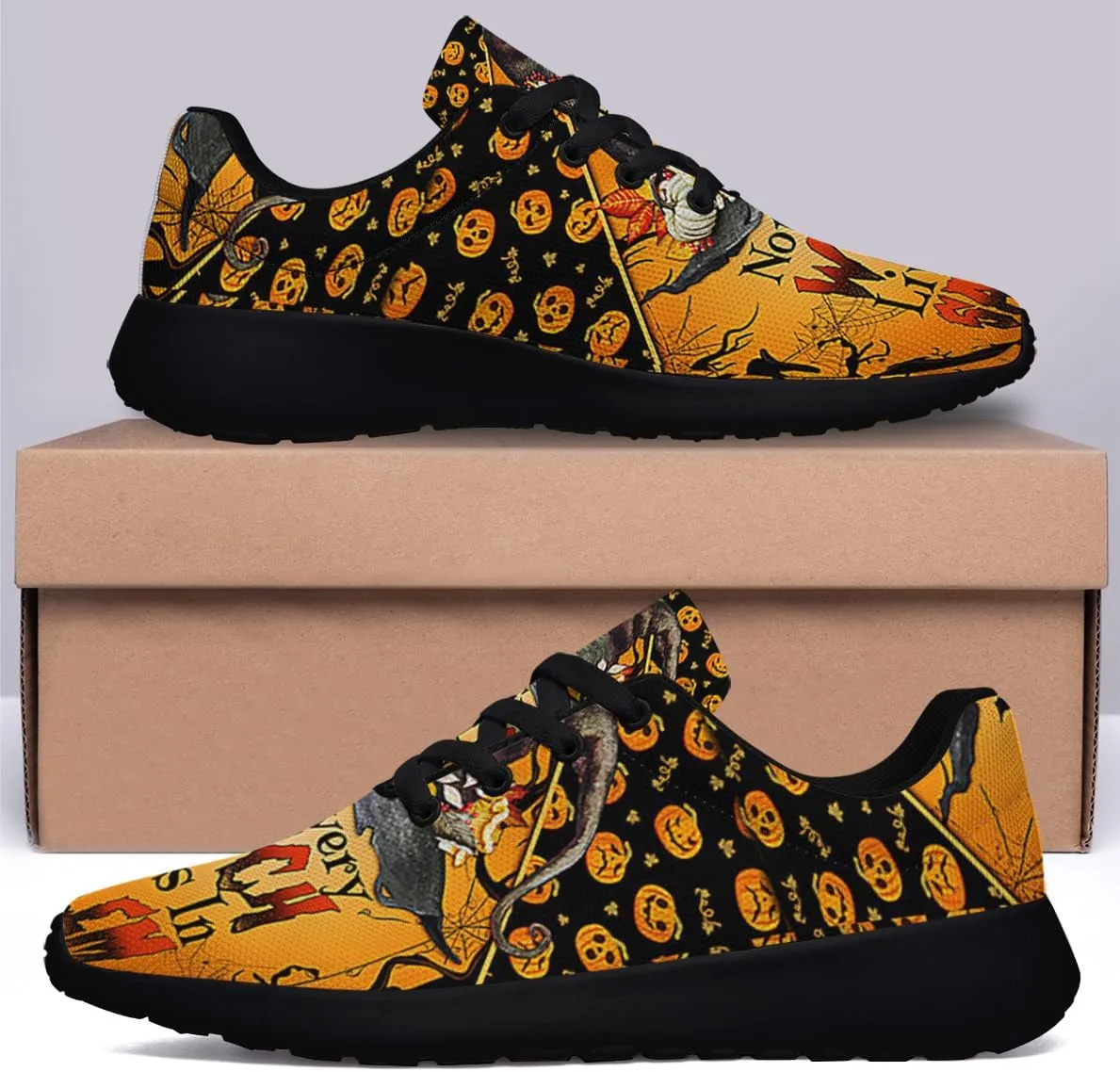 Halloween Shoes for Women Men, Pumpkin Print Lace Up Walking Sneakers, Running Shoes Gym Sports Athletic Trail Sneakers