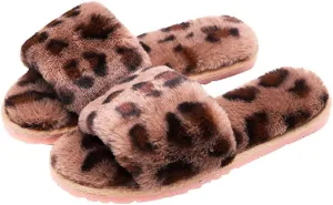HANDKEI Winter women's furry fur slippers open-toed home leopard print slippers soft flat non-slip slippers