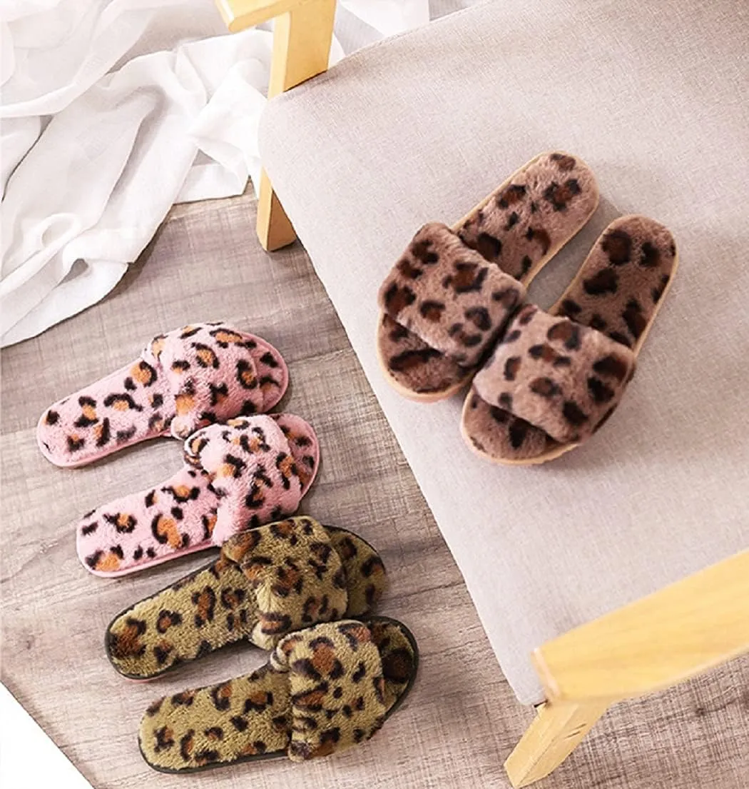 HANDKEI Winter women's furry fur slippers open-toed home leopard print slippers soft flat non-slip slippers