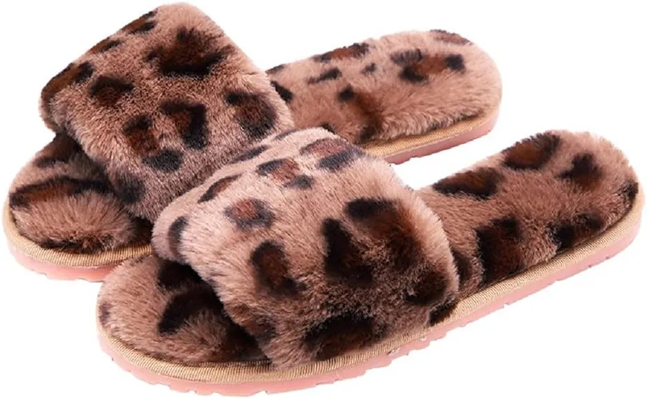 HANDKEI Winter women's furry fur slippers open-toed home leopard print slippers soft flat non-slip slippers