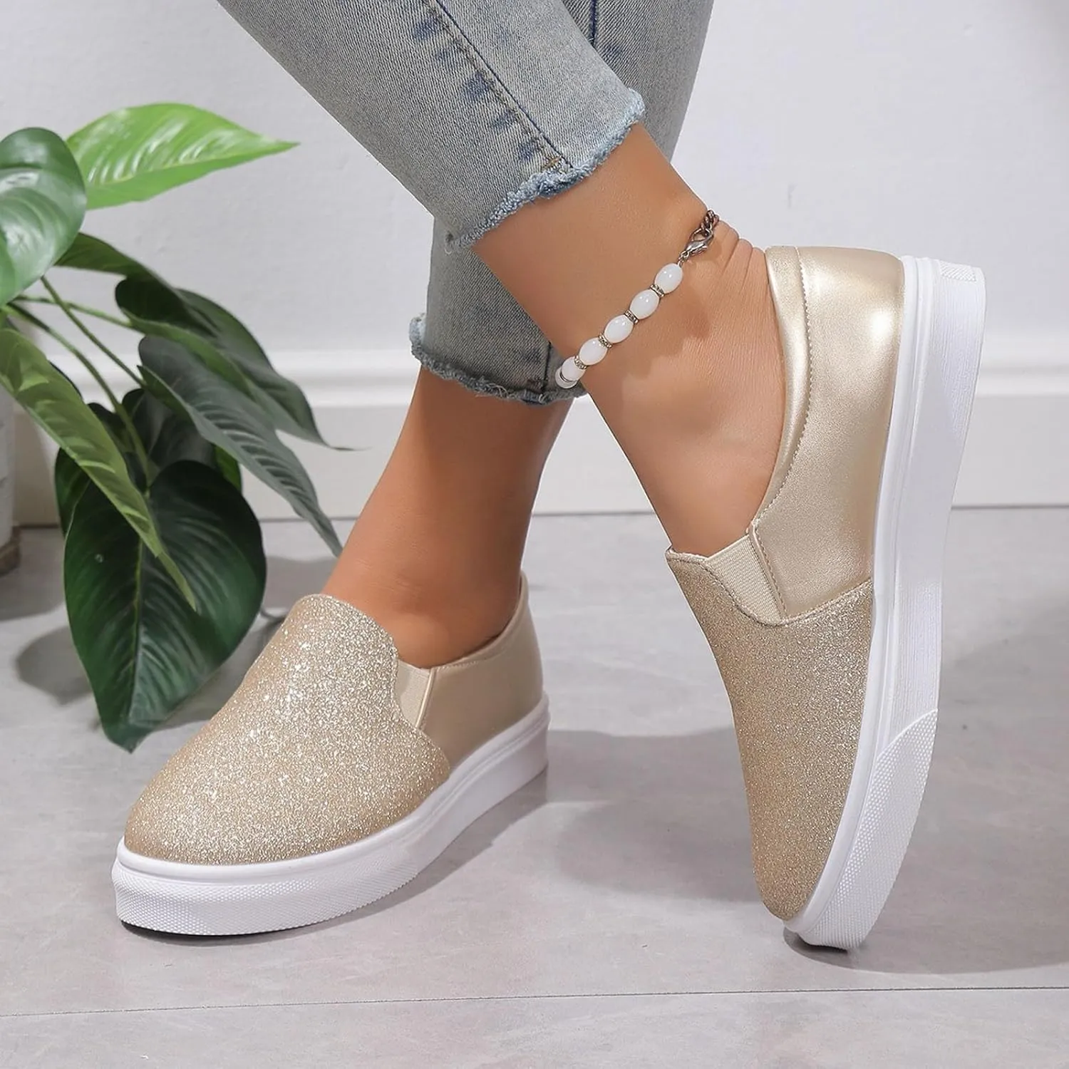 Hbeylia Fashion Platform Sneakers for Women Classic Low Top Glitter Sequin Slip On Chunky Bottom Flats Walking Shoes Trendy Fall Canvas Shoes for Women Ladies Bride Wedding Dress Party Decor