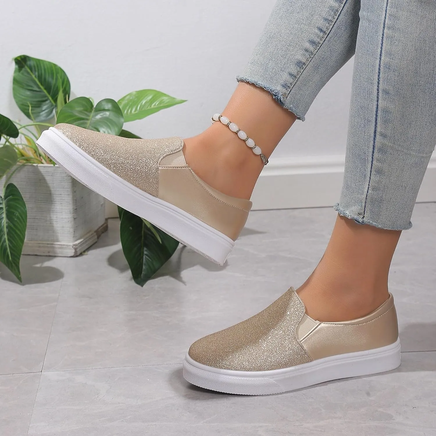 Hbeylia Fashion Platform Sneakers for Women Classic Low Top Glitter Sequin Slip On Chunky Bottom Flats Walking Shoes Trendy Fall Canvas Shoes for Women Ladies Bride Wedding Dress Party Decor