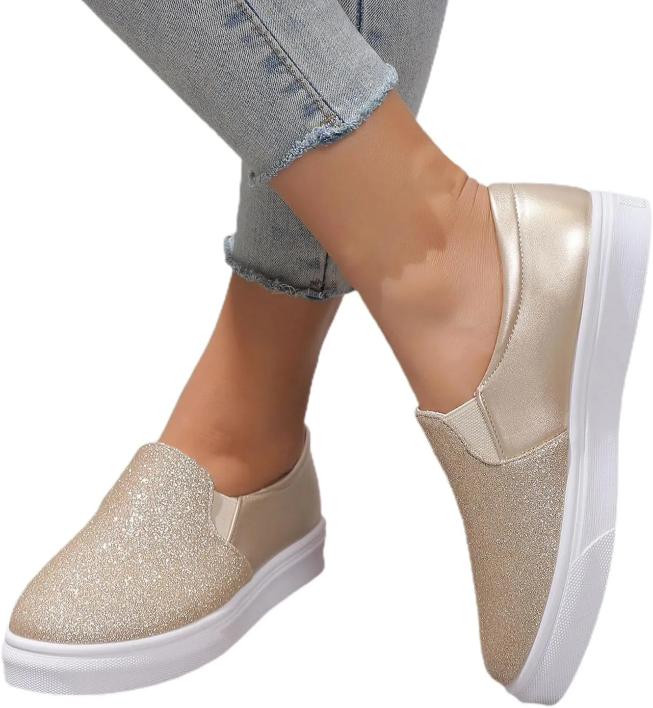 Hbeylia Fashion Platform Sneakers for Women Classic Low Top Glitter Sequin Slip On Chunky Bottom Flats Walking Shoes Trendy Fall Canvas Shoes for Women Ladies Bride Wedding Dress Party Decor