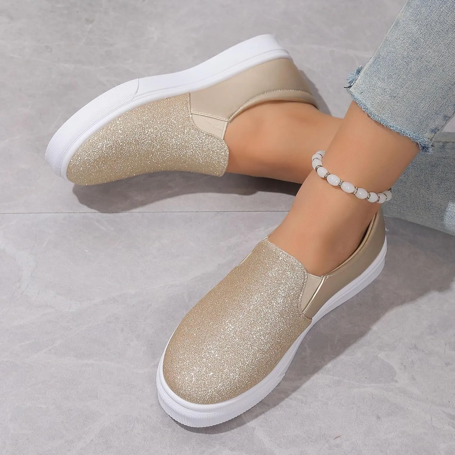 Hbeylia Fashion Platform Sneakers for Women Classic Low Top Glitter Sequin Slip On Chunky Bottom Flats Walking Shoes Trendy Fall Canvas Shoes for Women Ladies Bride Wedding Dress Party Decor