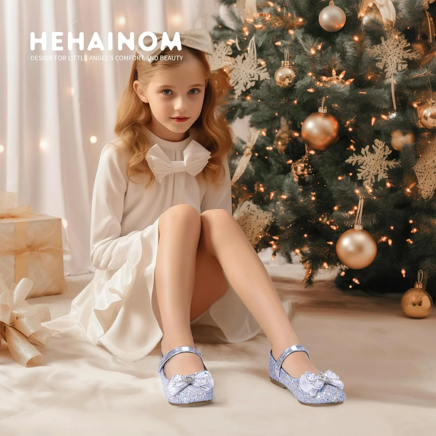 Hehainom Toddler Dress Shoes Mary Jane Ballet Flats Sparkly Bow Little Kid Girls Wedding Party Shoes