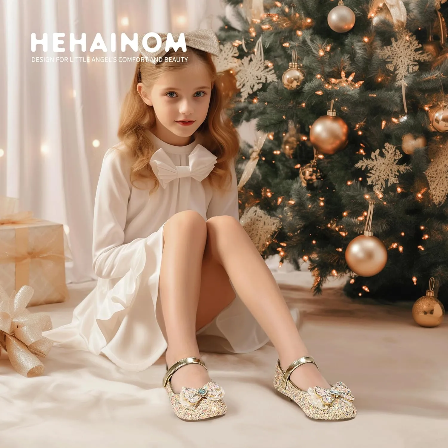 Hehainom Toddler Dress Shoes Mary Jane Ballet Flats Sparkly Bow Little Kid Girls Wedding Party Shoes