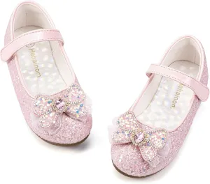 Hehainom Toddler Dress Shoes Mary Jane Ballet Flats Sparkly Bow Little Kid Girls Wedding Party Shoes