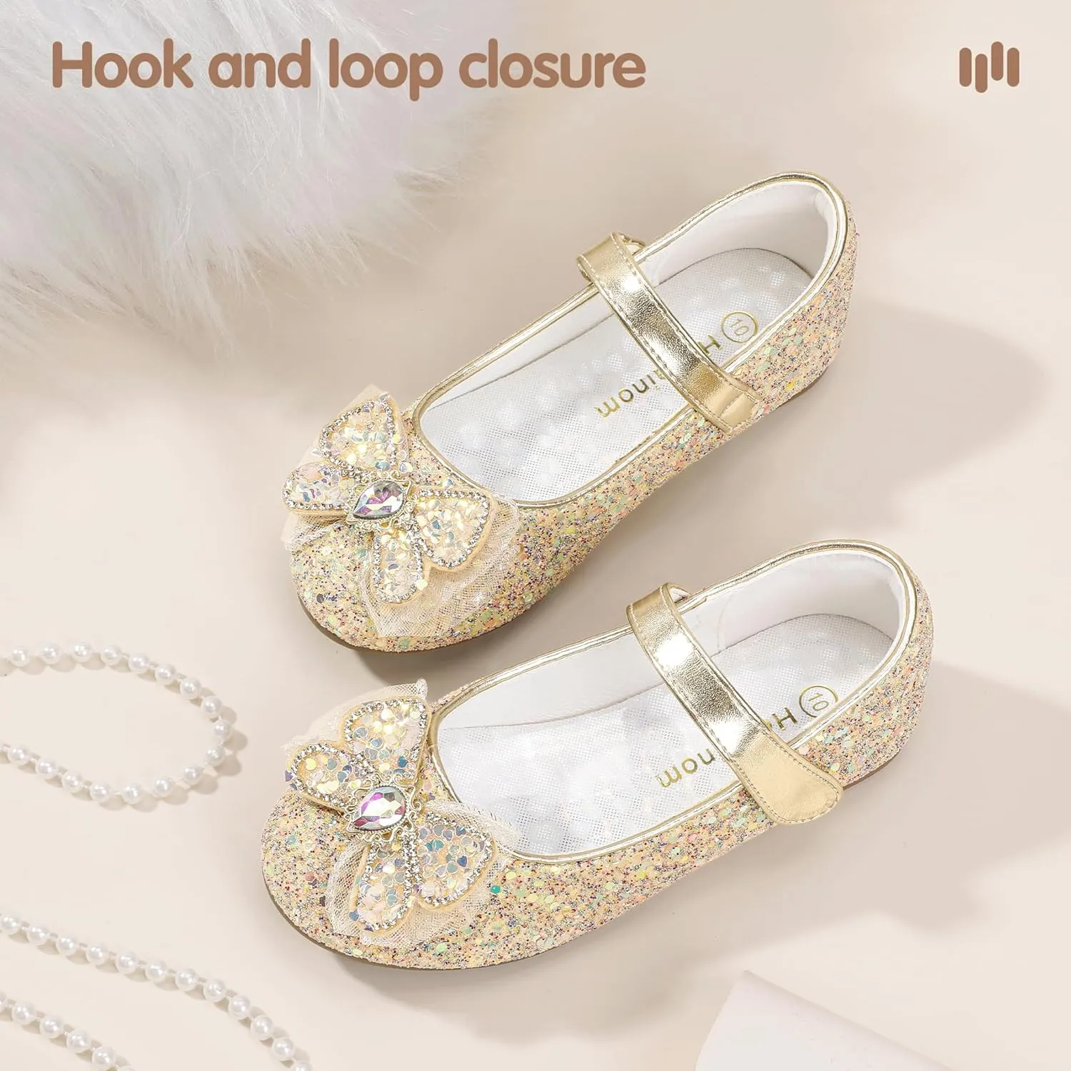 Hehainom Toddler Dress Shoes Mary Jane Ballet Flats Sparkly Bow Little Kid Girls Wedding Party Shoes