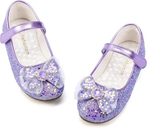 Hehainom Toddler Dress Shoes Mary Jane Ballet Flats Sparkly Bow Little Kid Girls Wedding Party Shoes