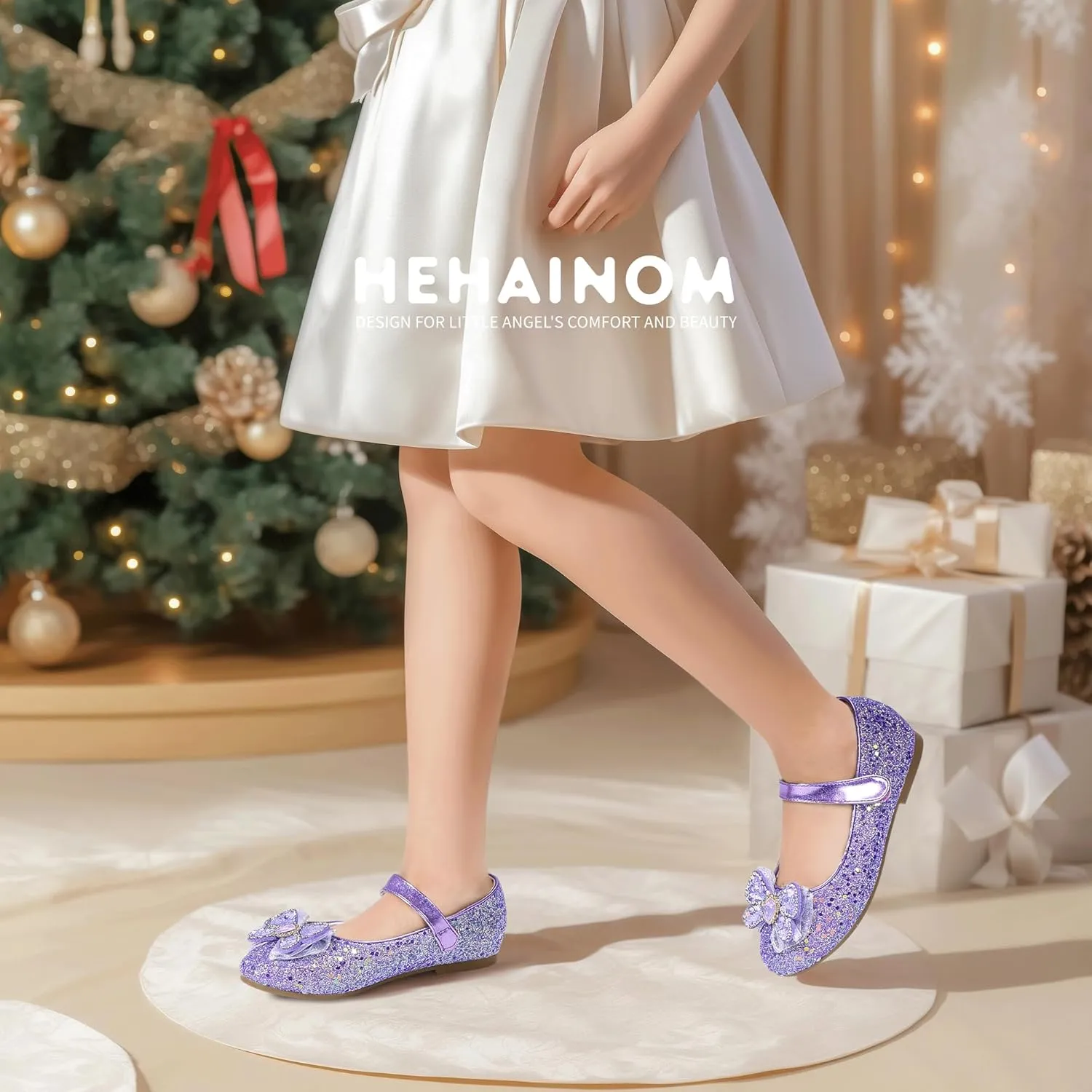 Hehainom Toddler Dress Shoes Mary Jane Ballet Flats Sparkly Bow Little Kid Girls Wedding Party Shoes