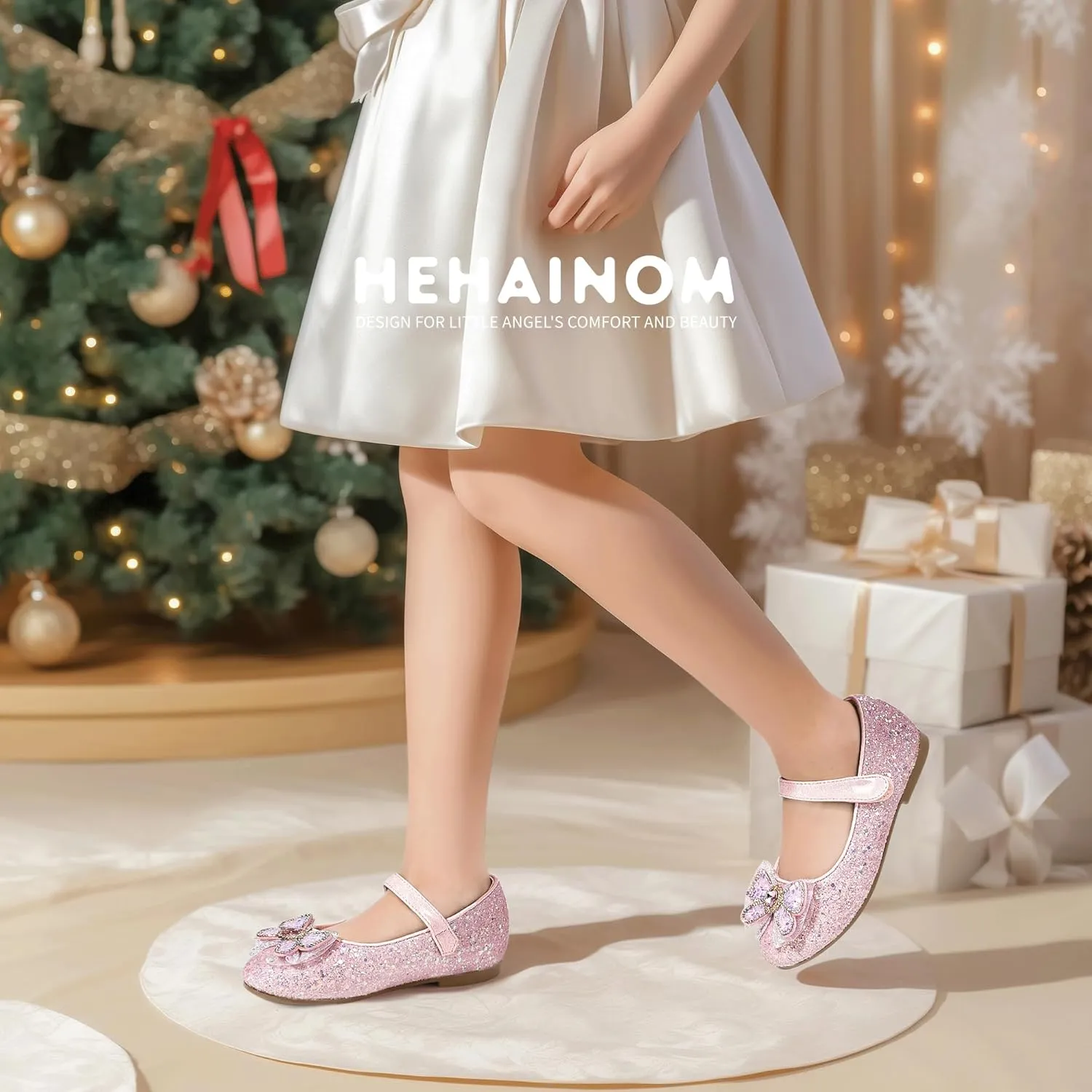 Hehainom Toddler Dress Shoes Mary Jane Ballet Flats Sparkly Bow Little Kid Girls Wedding Party Shoes