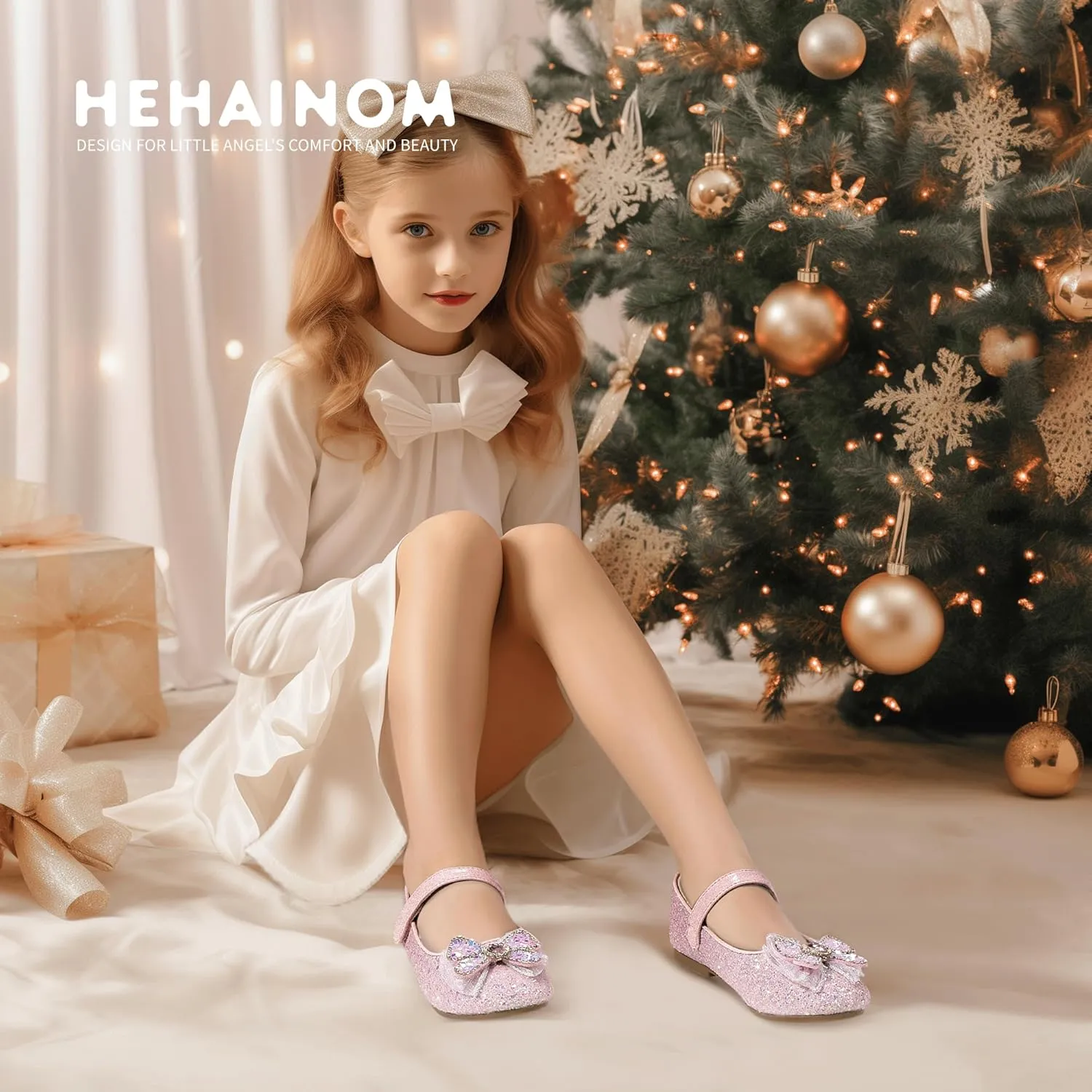 Hehainom Toddler Dress Shoes Mary Jane Ballet Flats Sparkly Bow Little Kid Girls Wedding Party Shoes
