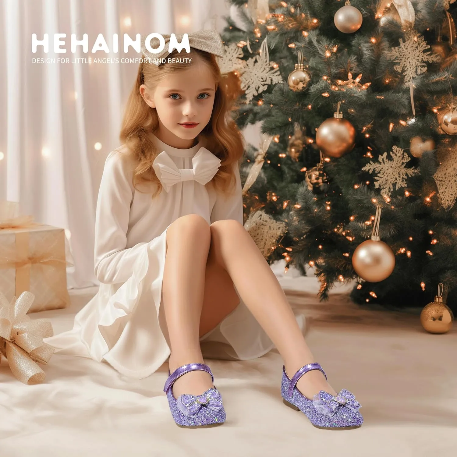Hehainom Toddler Dress Shoes Mary Jane Ballet Flats Sparkly Bow Little Kid Girls Wedding Party Shoes