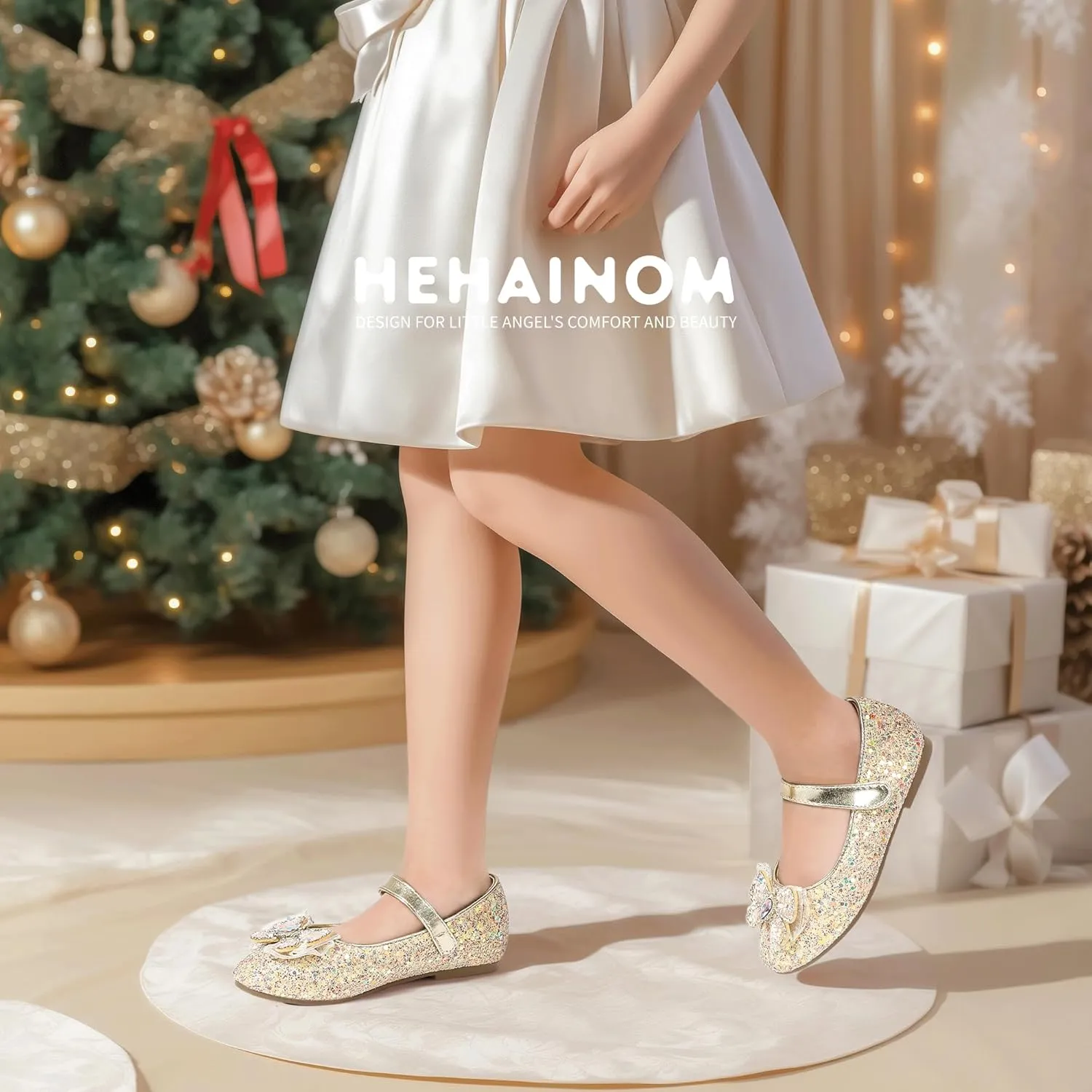 Hehainom Toddler Dress Shoes Mary Jane Ballet Flats Sparkly Bow Little Kid Girls Wedding Party Shoes