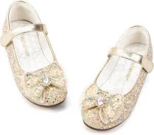 Hehainom Toddler Dress Shoes Mary Jane Ballet Flats Sparkly Bow Little Kid Girls Wedding Party Shoes